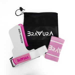 1 par de calleras aceron grip Blanco/ Rosa, 1 par de muñequeras a juego y bolsa de transporte