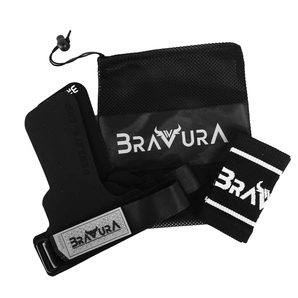1 par de calleras versátil grip negro, 1 par de muñequeras a juego y bolsa de transporte